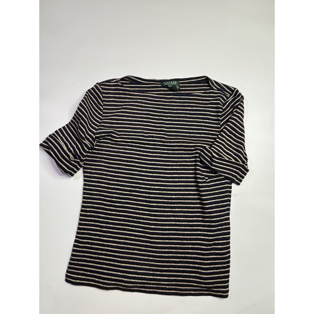 Lauren Ralph Lauren Nautical Navy Gold Stripe Sparkly Shirt Size L Preppy Sailor